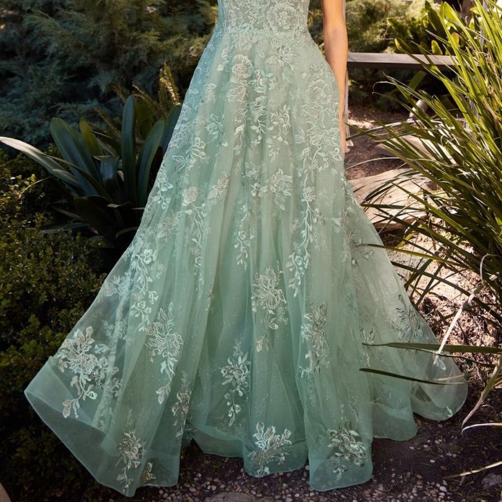 NEW FORMAL SLEEVELESS A-LINE TULLE DRESS EMBROIDERED WITH FLORAL LACE CD A1248 - Picture 6 of 9